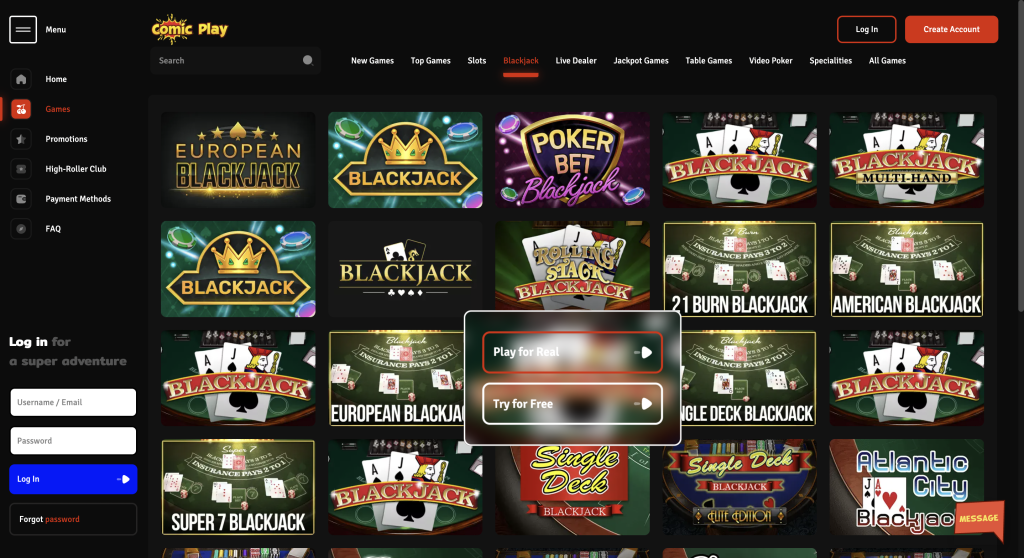 comic play casino blackjack